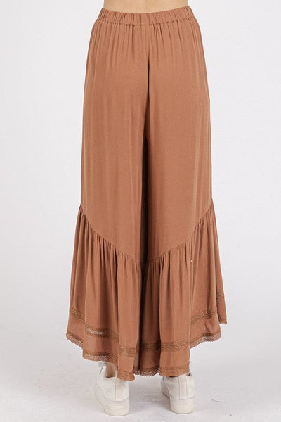 Mittoshop Lace Ruffle Asymmetric Hem Wide Leg Pants with tiered ruffle hem and delicate lace detailing.