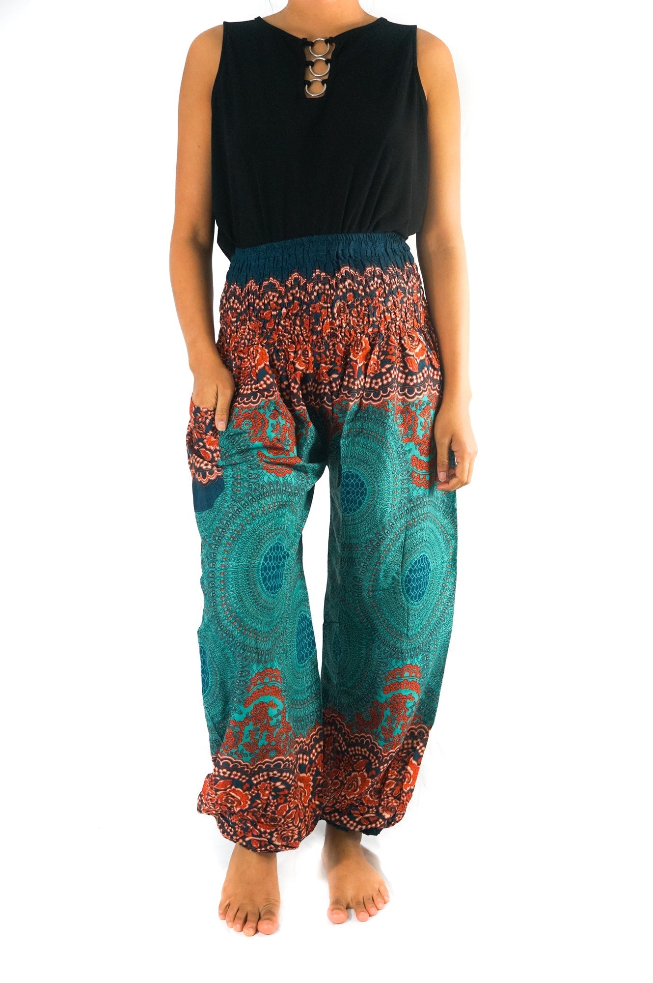 Teal orange Mandala women harem pants with elastic waist and ankle, featuring one side pocket.